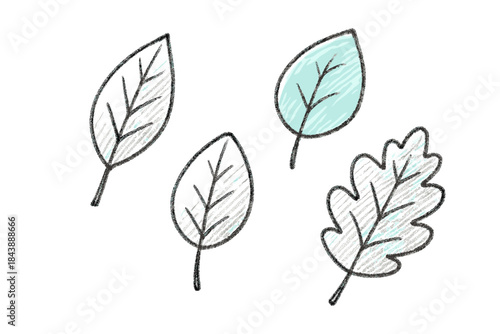 Hand drawn doodle leaves with sketchy texture and pastel colors