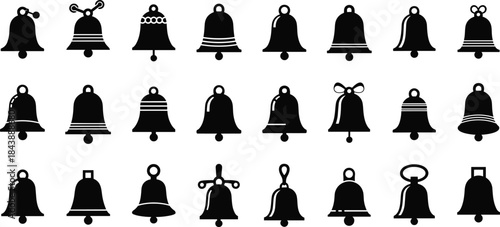 Set of Black Silhouette Bells, Jingle, Christmas, and School Bell Icons: Vintage Antique Alarm, Ringing, and Notification Collection Vector
