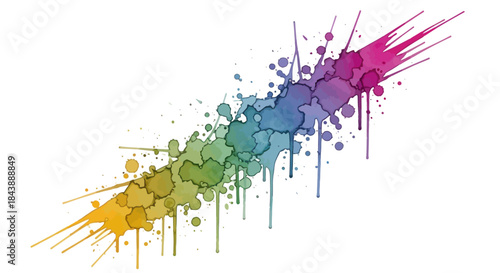 Colorful abstract paint splatters and drips in rainbow gradient.