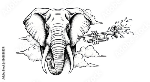 An elephant plays a trumpet surrounded by clouds.