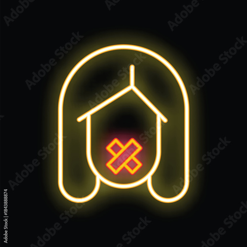 Glowing neon sign representing a woman being silenced, with tape covering her mouth, symbolizing censorship and oppression