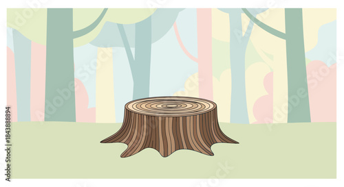 A stylized illustration of a tree stump in a pastel-colored forest.