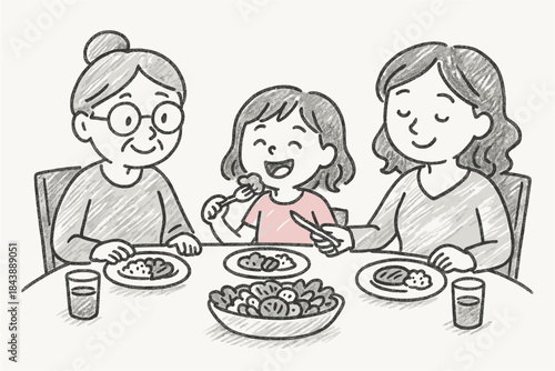Happy family mealtime with three generations sharing a meal in sketch style