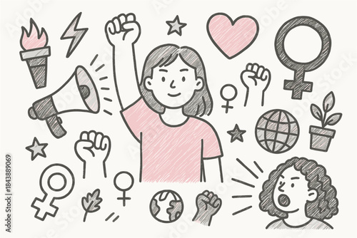 Empowerment and feminism icons in hand-drawn doodle style