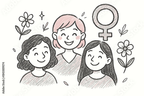 Diverse women celebrating feminism with smiles and flowers in hand-drawn style
