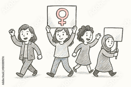 Diverse group of women marching for gender equality in hand-drawn style
