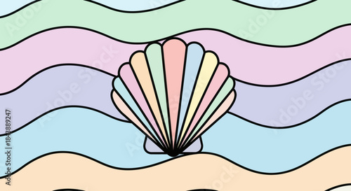 A colorful seashell illustration against a pastel ocean wave background.