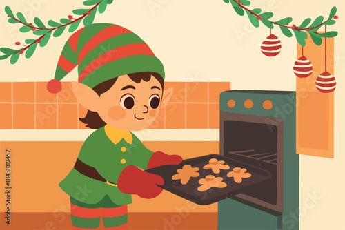 elf placing cookie tray into oven, festive holiday vector