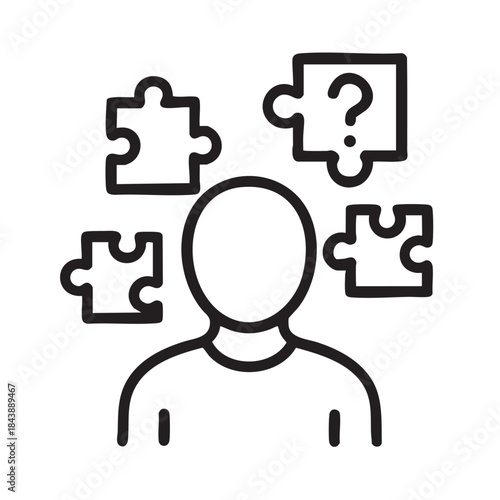 A line art depiction of a person s head surrounded by floating puzzle pieces one with a question mark