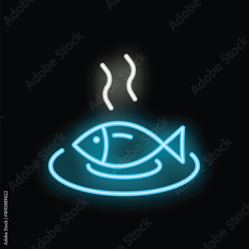 Neon sign illuminating a steaming hot fish dish, perfect for restaurants or seafood businesses