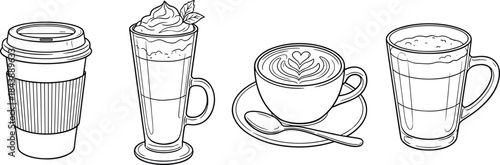 Coffee drink illustration, latte art, specialty beverages, to-go cup, glass mug styles, barista concept, cad drawing flat vector illustration