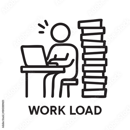 A person working at a desk with a laptop facing a large stack of papers symbolizing a heavy workload