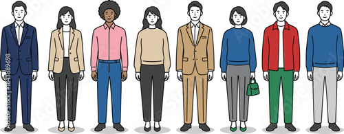 Diverse fashion illustration set, business and casual outfits, character style lineup, wardrobe variety, cad drawing flat vector illustration