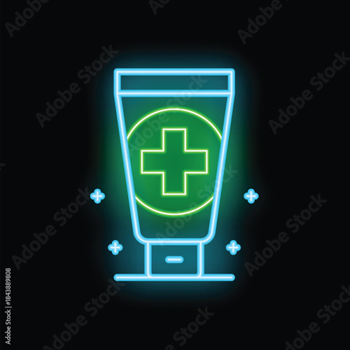 Glowing neon line medical cream icon isolated on black background vector illustration