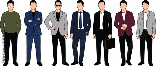 Male fashion illustration set, business and casual outfits, character style guide, wardrobe variety, cad drawing flat vector illustration