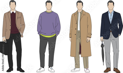 Men’s fashion illustration set, business casual smart outfits, wardrobe variety, character style guide, cad drawing flat vector illustration