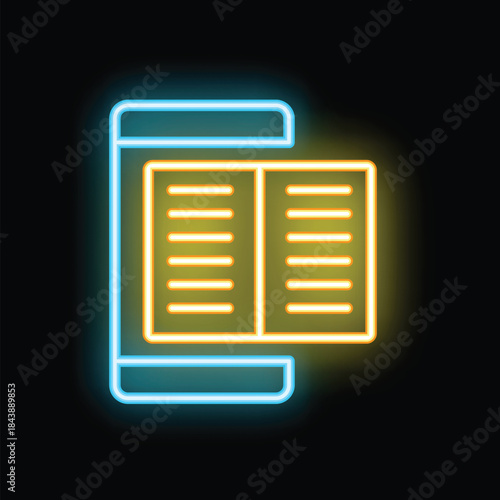 Neon sign representing an ebook reader displaying an open book, symbolizing digital reading and online education