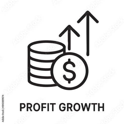 A simple black and white illustration depicting stacked coins with a dollar sign and upward arrows signifies financial growth