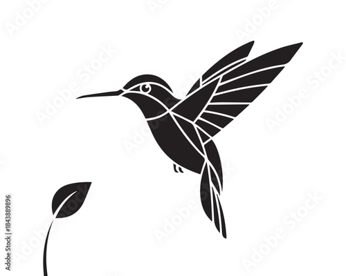 Elegant black and white minimalist hummingbird hovering gracefully near a simple stylized leaf