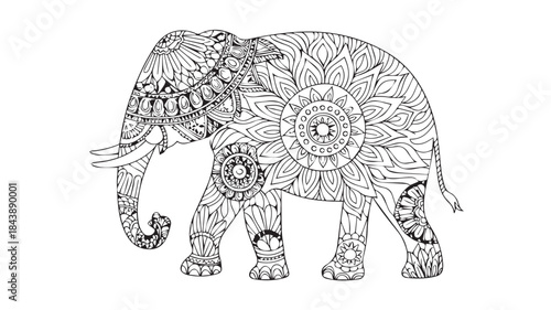 Intricate mandala elephant line art for coloring and relaxation activities