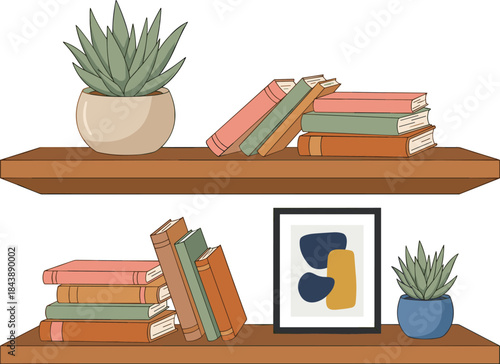 Shelf decor illustration, succulent plants and books, wall-mounted storage, interior styling concept, cad drawing flat vector illustration