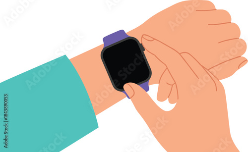 Smartwatch interaction illustration, wearable tech gesture, digital device usage, modern lifestyle concept, cad drawing flat vector illustration