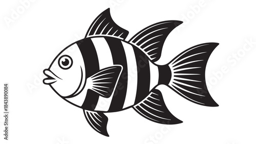 An appealing black and white striped tropical fish swimming gracefully in a simplistic illustration