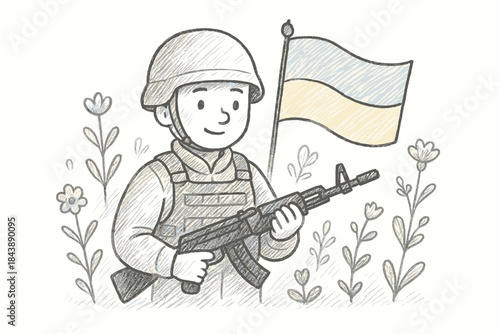 Hand-drawn soldier with rifle and flag in floral setting
