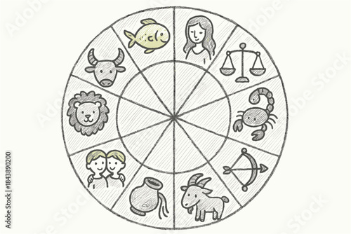 Hand drawn zodiac wheel featuring all twelve astrology signs in sketch style