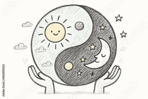 Charming hand-drawn yin yang with happy sun and moon in celestial harmony