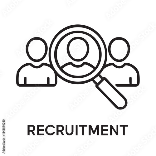 A line art illustration depicts a magnifying glass over people signifying recruitment and human resources processes