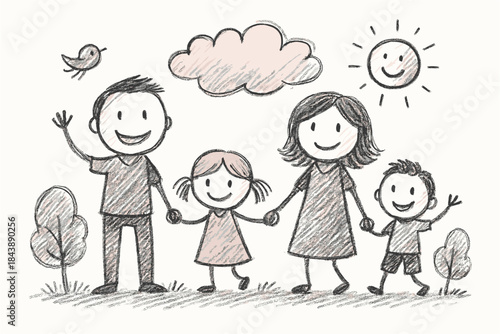 Happy family sketch drawing with smiling sun and nature elements