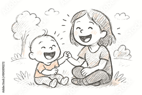 Joyful sketch of siblings laughing together in a park setting