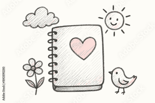 Cute sketchbook drawing with heart and nature elements in doodle style