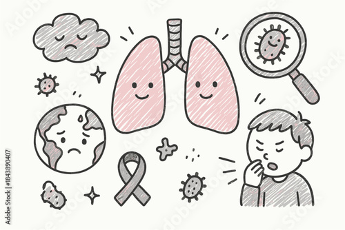 Smiling lungs and health awareness doodle with world and symbols