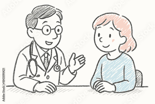 Friendly doctor consultation sketch with patient in pastel colors