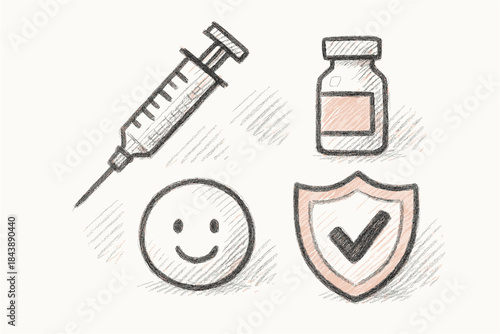 Hand drawn medical icons: vaccine syringe, medicine bottle, smiley face, shield with checkmark