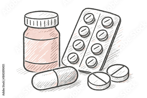 Hand drawn medicine set: bottles and blister pack in sketch style