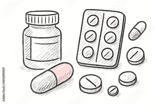 Hand drawn medication set with pills and bottle sketch