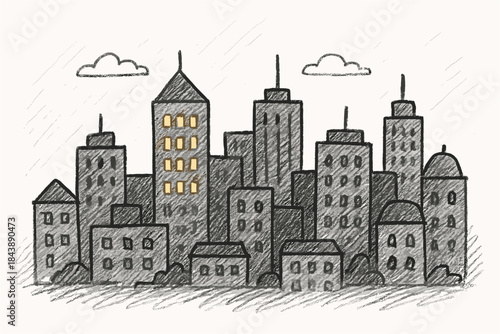 Sketched cityscape with urban buildings and cloudy sky