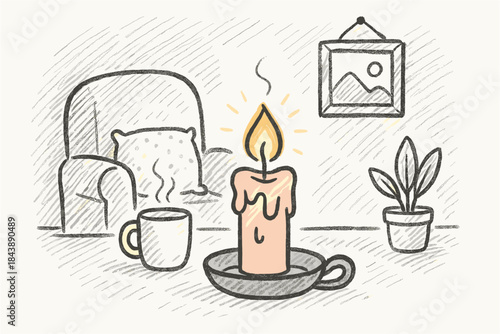 Cozy hand drawn room scene with candle and armchair