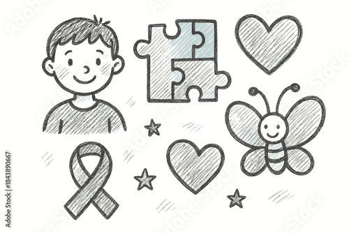 Childlike doodle autism awareness with puzzle pieces and symbols in sketch style