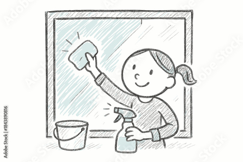 Smiling child cleaning window with cloth in simple sketch style