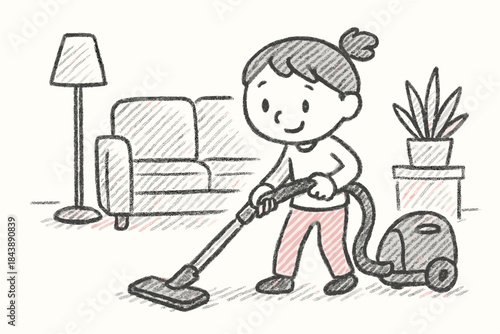 Cute child vacuuming in cozy living room with doodle style