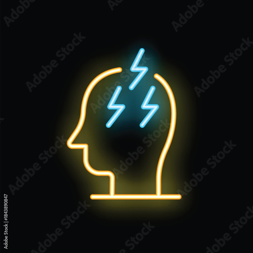 Neon sign representing a head with lightning bolts inside, symbolizing concepts like headache, migraine, suffering and brainstorming
