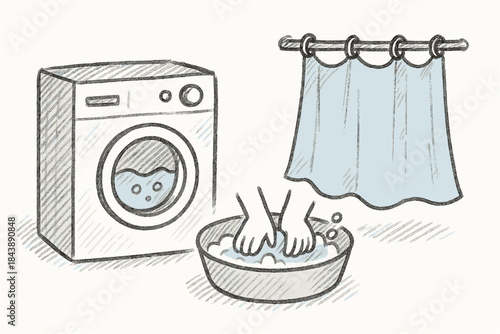 Hand wash laundry with sketch style washing machine and curtain scene