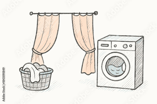 Cozy laundry room scene with washing machine and basket in hand-drawn style