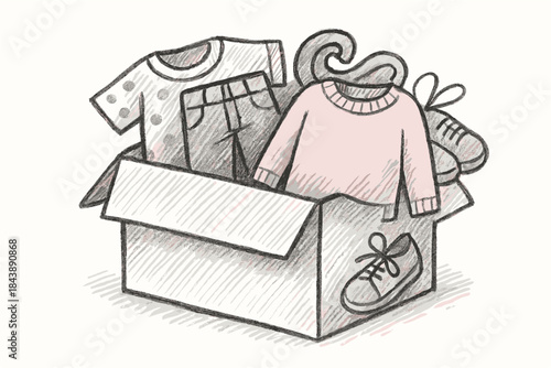 Hand drawn clothing box with outfits and shoes for donation concept
