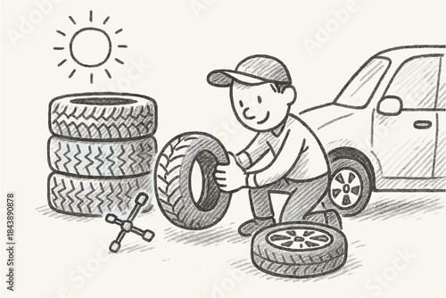 Hand-drawn car tire change with cartoon mechanic under sunlight
