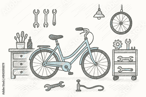 Hand-drawn bicycle repair shop with tools and equipment in sketch style